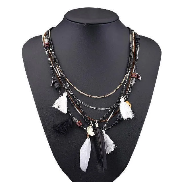 Bohemian  Necklaces Handmade Multilayered Beads Long Feather Tassel