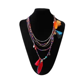 Bohemian  Necklaces Handmade Multilayered Beads Long Feather Tassel