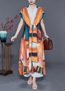 Bohemian Orange V Neck Print Chiffon Robe Dresses Summer LY5591