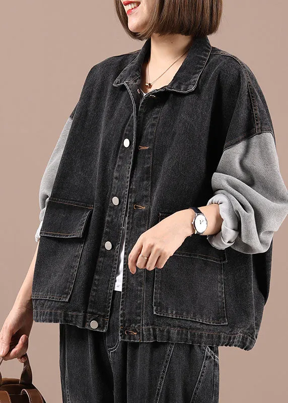 Boho Black Patchwork Pockets Fall Denim Jackets Long Sleeve