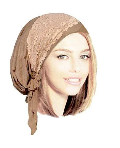 Boho Chic Artisan Head-scarf Tichel Embellished with Wide Floral Lace (Khaki, salmon pink - 246)