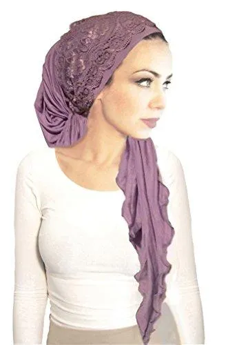 Boho Chic Lilac Head-scarf Embellished With Wide Fancy Floral Lace (Lavender long fancy wide lace - 185)