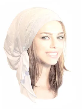 Boho Chic White Head-scarf Tichel Embellished with Wide Fancy Floral Lace Rose Buttons (White fancy lace - 184)