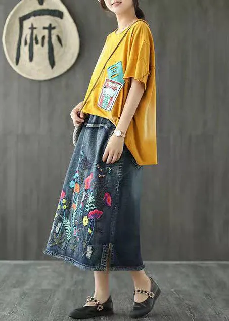 Boho Dark Blue Embroideried Denim Skirt