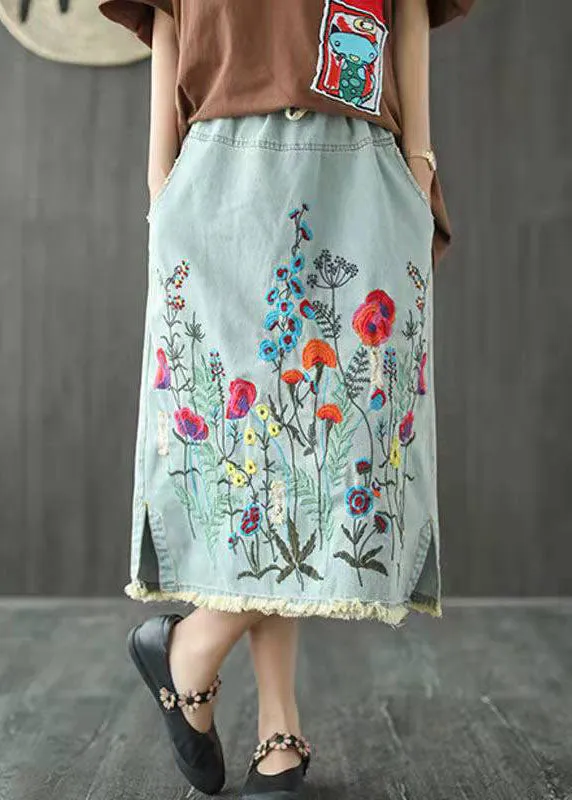 Boho Dark Blue Embroideried Denim Skirt