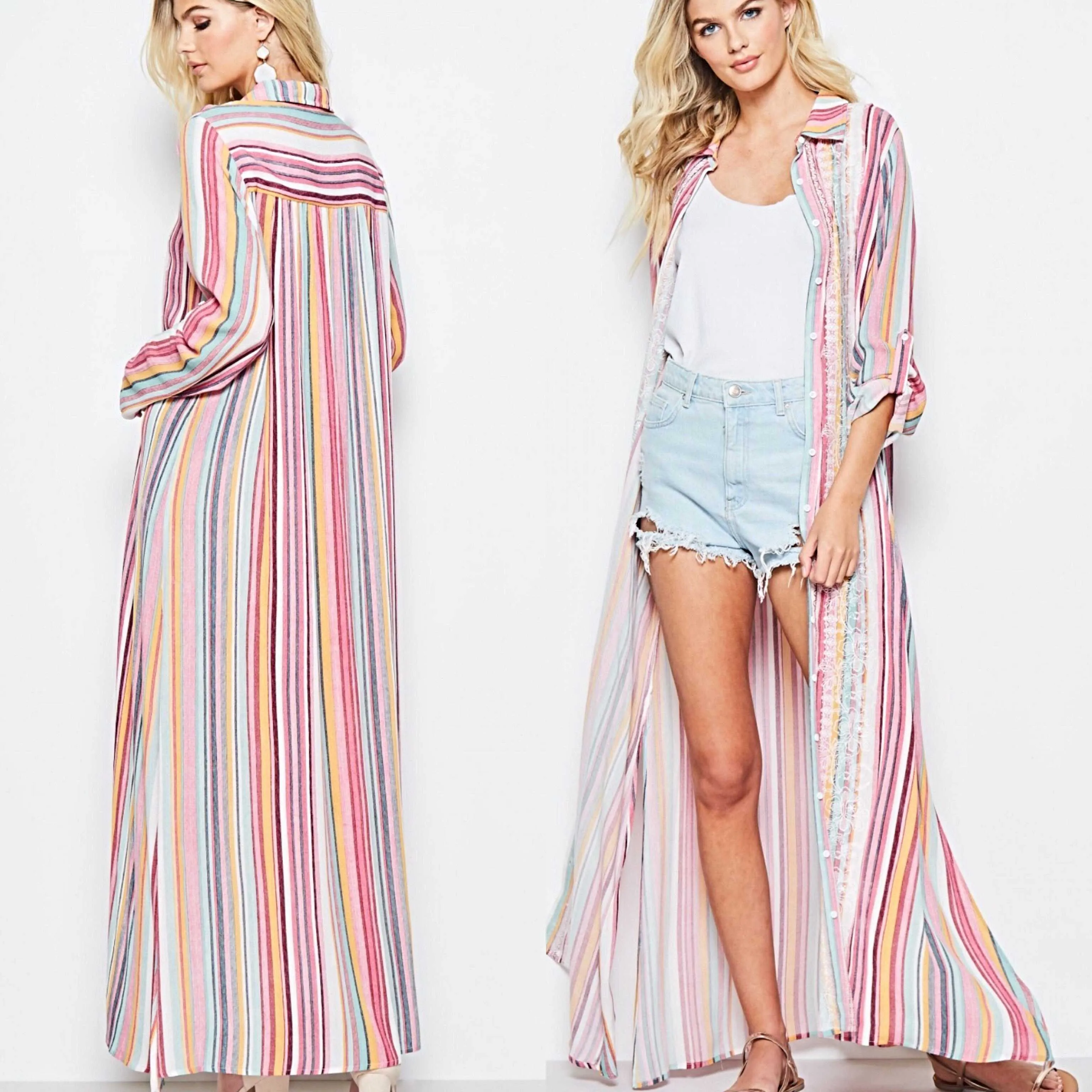 Boho Embroidered Candy Stripe Maxi Duster