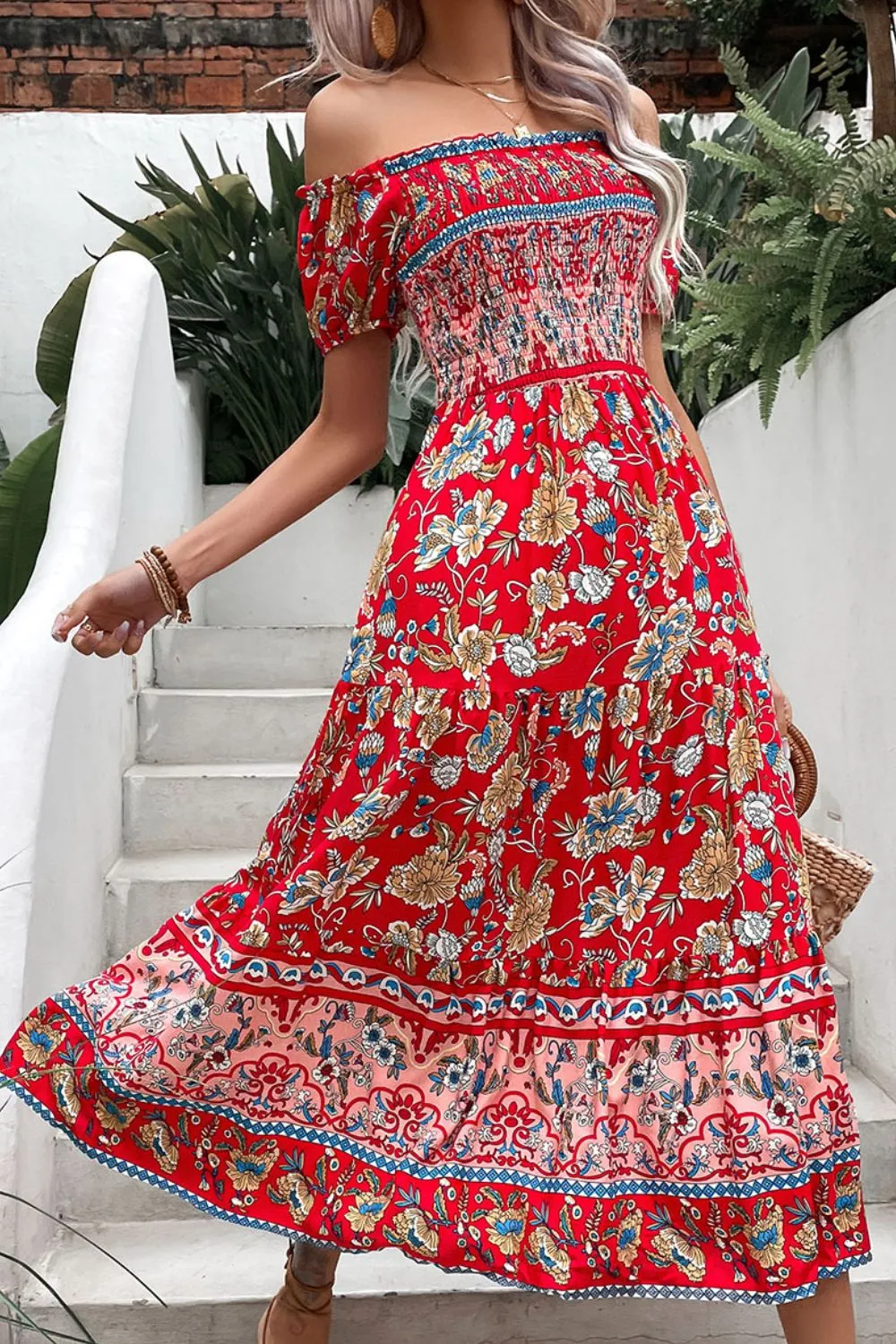 Boho Floral Off-Shoulder Vacation Midi Dress