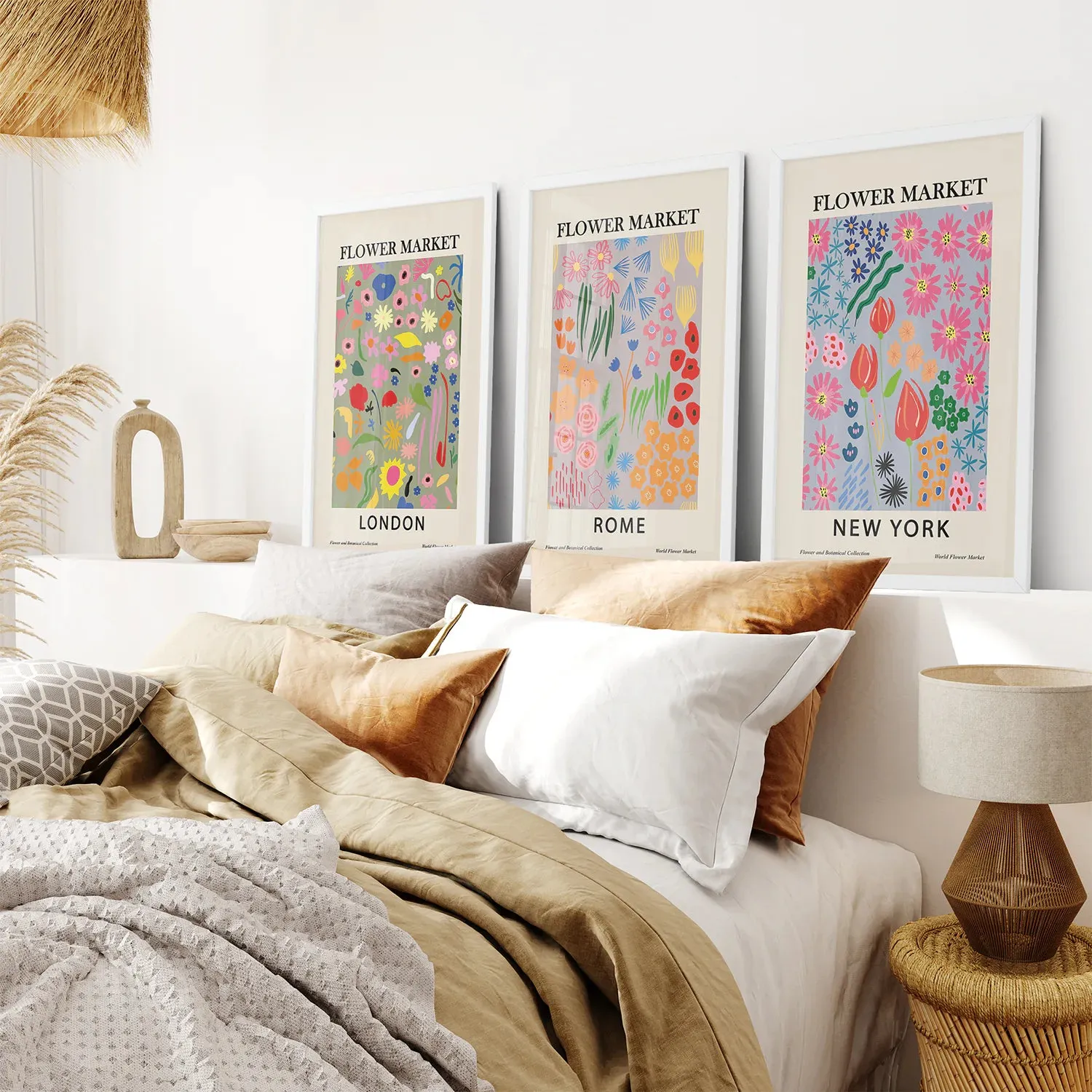 Boho Flower Market Set of 3 Posters. New York, London, Rome