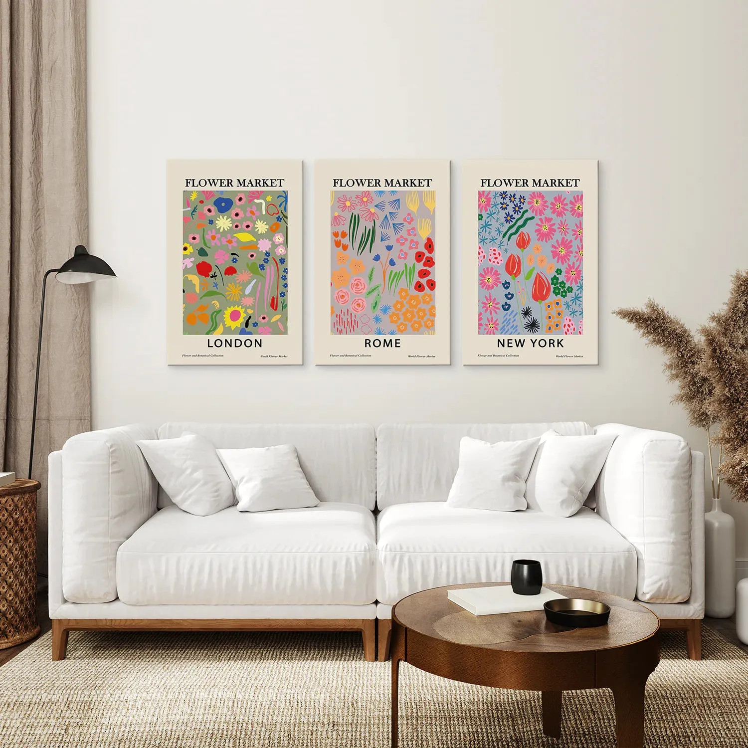 Boho Flower Market Set of 3 Posters. New York, London, Rome