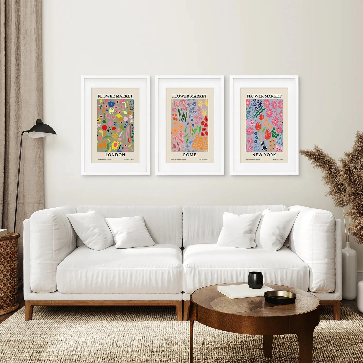 Boho Flower Market Set of 3 Posters. New York, London, Rome