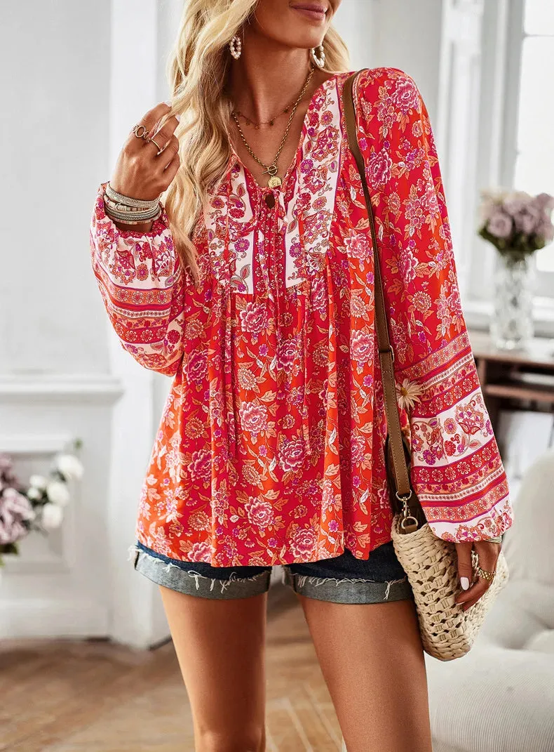 Boho Inspired Boho blouse floral print V-neck long sleeve blouse women chic women blouse Hippie bohemian style autumn women tops