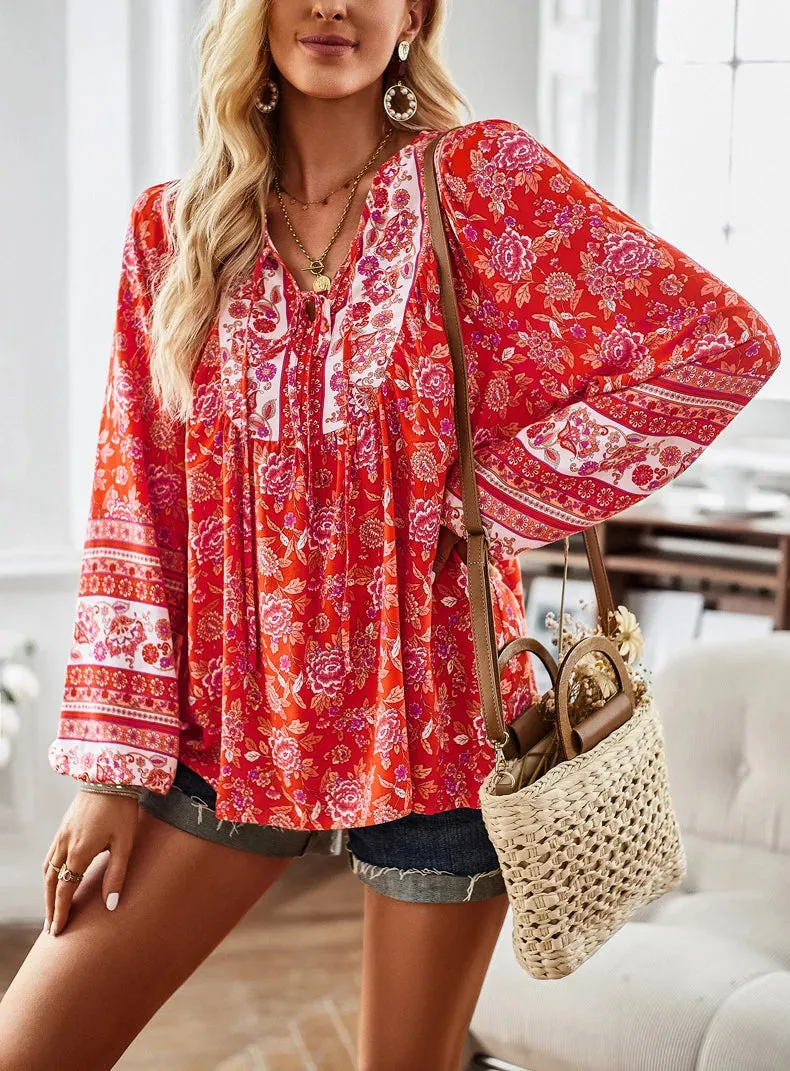 Boho Inspired Boho blouse floral print V-neck long sleeve blouse women chic women blouse Hippie bohemian style autumn women tops