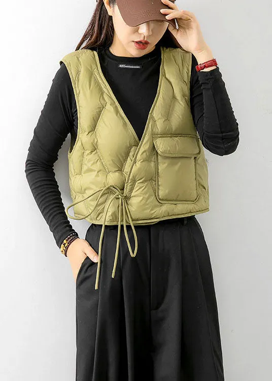 Boho Light Green V Neck tie waist fashion Winter Sleeveless down vest