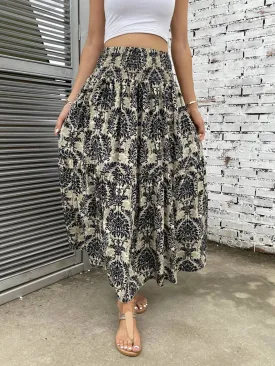 Boho Patten Skirt Women's Casual Printed Elastic Waist Maxi Skirt