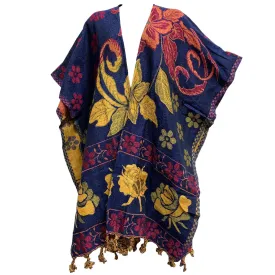 Boho Women's Ethnic Print Reversible Open Front Sweater Poncho Ruana Shawl