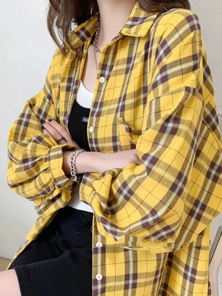 Bonnyshow  Fashion Plaid Women Shirt Fashion Korean Oversize Tops Harajuku Daily All-match Long Sleeve Chic Female Yellow Shirts New