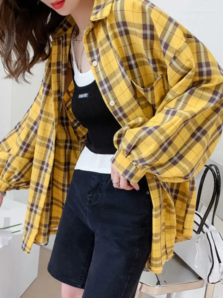 Bonnyshow  Fashion Plaid Women Shirt Fashion Korean Oversize Tops Harajuku Daily All-match Long Sleeve Chic Female Yellow Shirts New