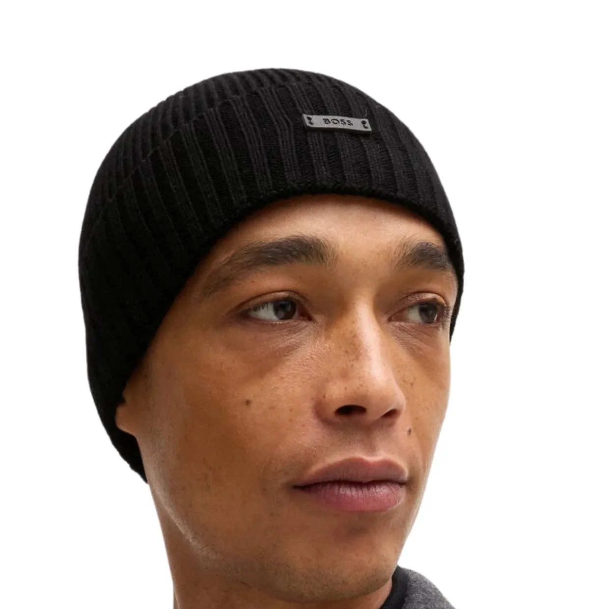 BOSS Logo Tag Black Wool Beanie Hat