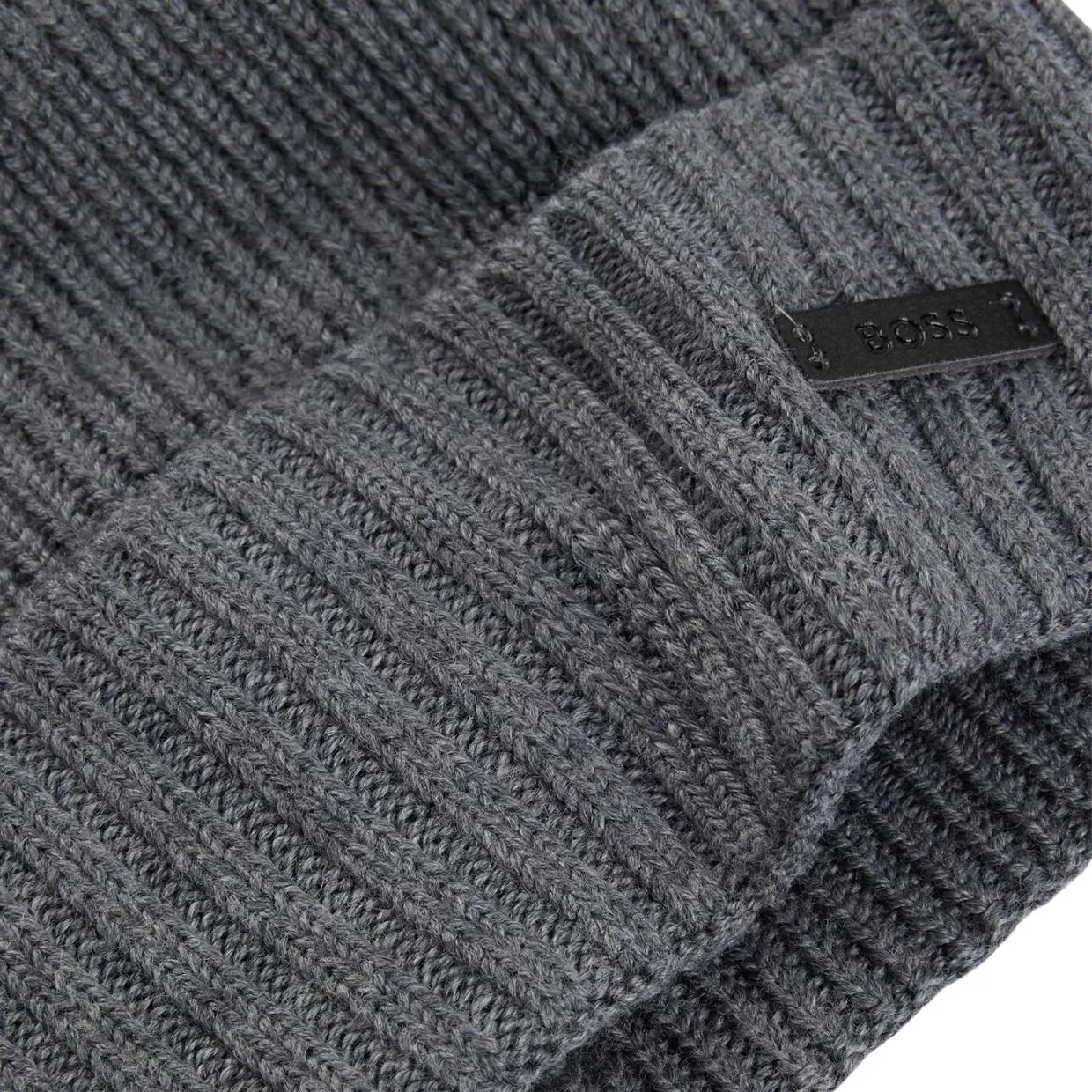 BOSS Logo Tag Grey Wool Beanie Hat