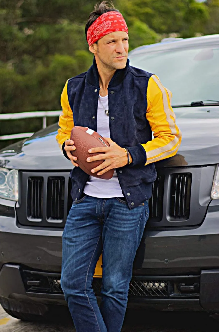 BOSTON 80 Leather Buffalo Suede Varsity Jacket - Blue & Yellow Raw Code Stripes