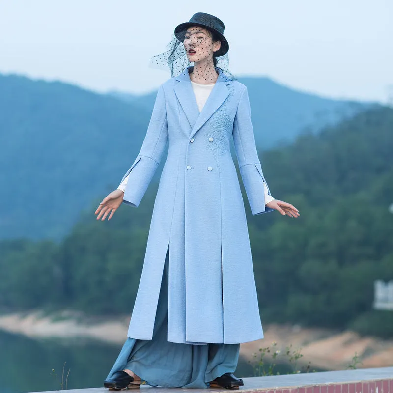 boutique light blue Woolen Coat Women Loose fitting long coat open long sleeve embroidery coats