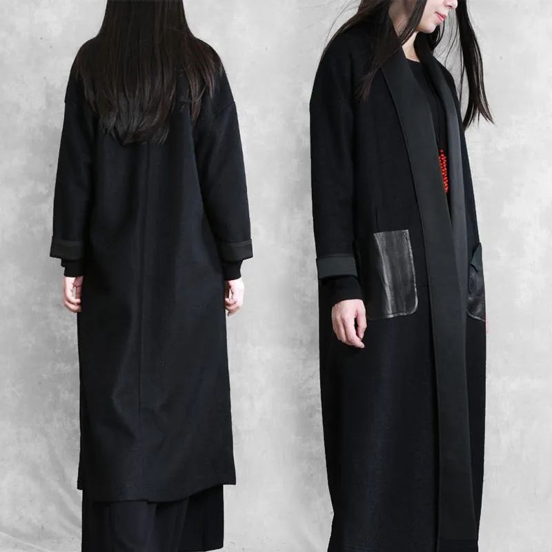 boutique  plus size long winter coat winter woolen outwear black  woolen outwear