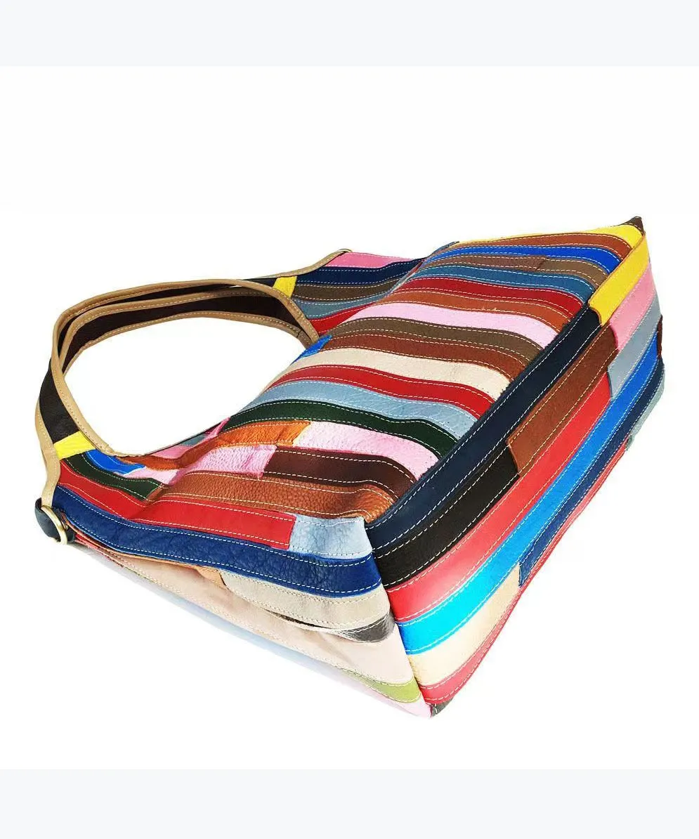 Boutique Striped Colorblock Calf Leather Satchel Bag Handbag HJ1044