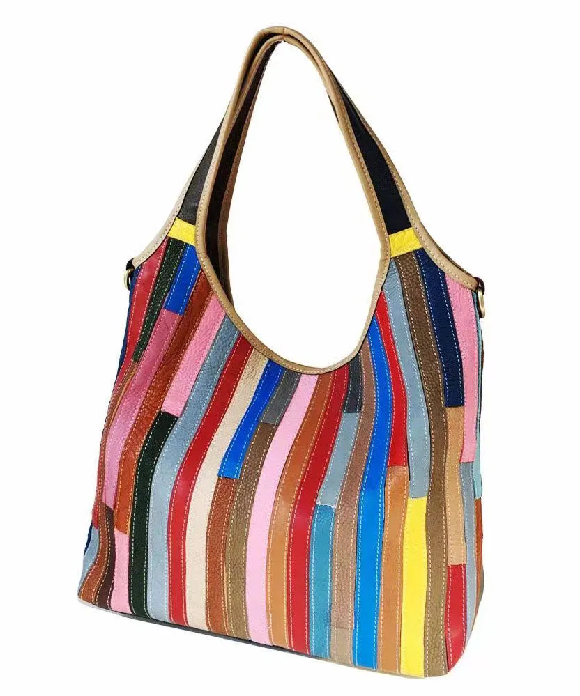 Boutique Striped Colorblock Calf Leather Satchel Bag Handbag HJ1044