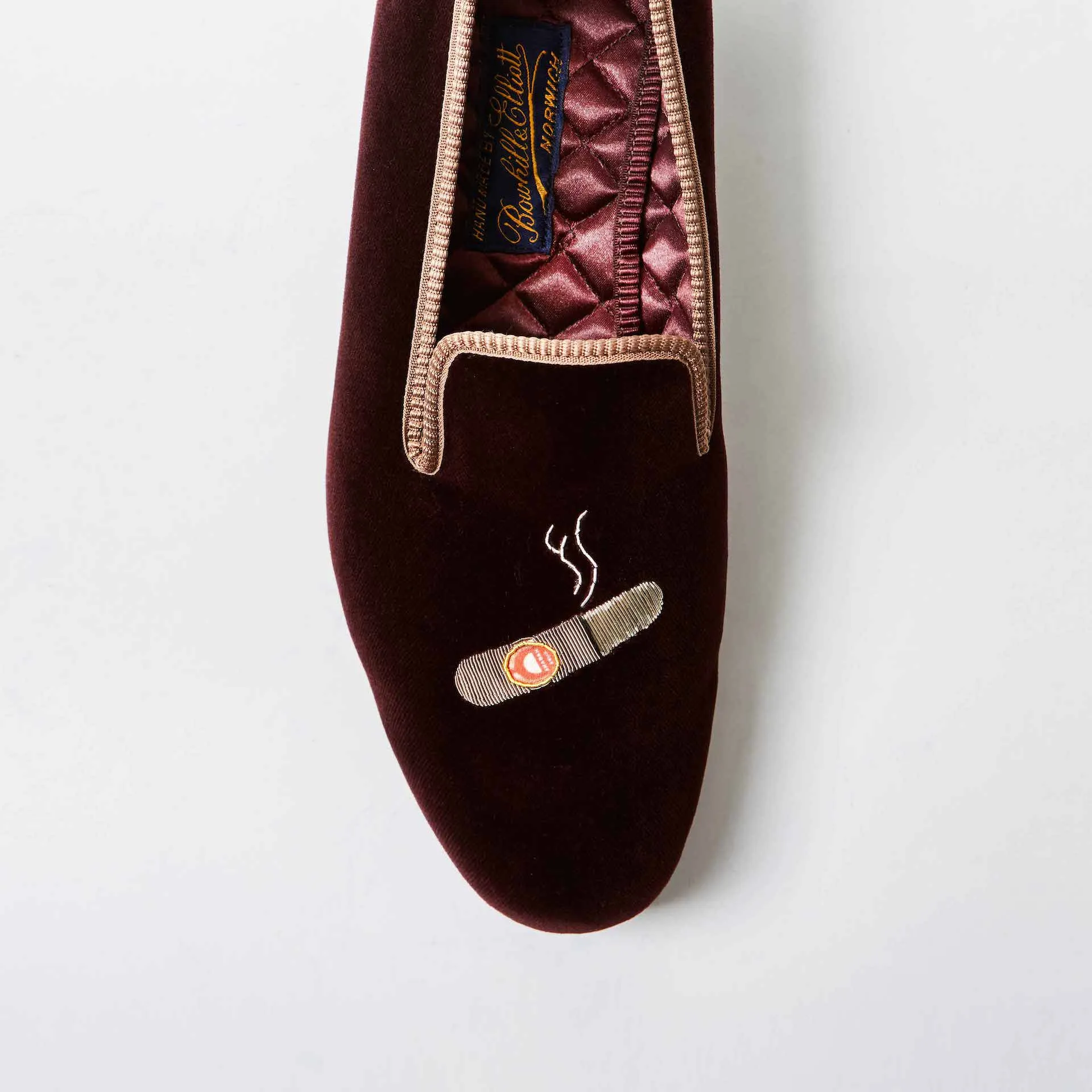 Bowhill & Elliot Brown Velvet Albert Slippers with Embroidered Cigar