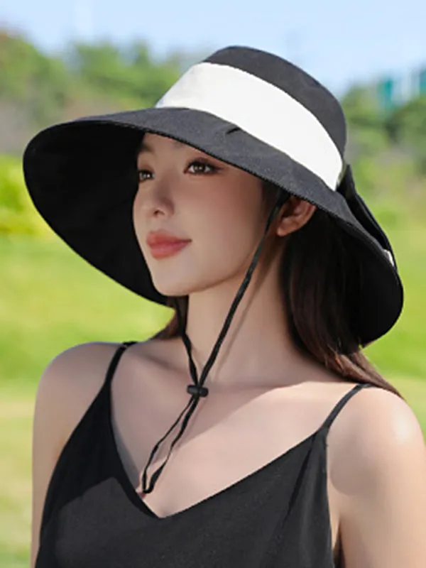 Bowknot Contrast Color Pleated Split-Joint Fisherman Hat Sun Hat