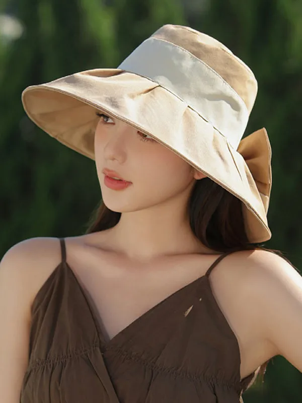 Bowknot Contrast Color Pleated Split-Joint Fisherman Hat Sun Hat