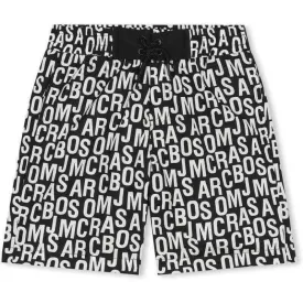 Boys Black & White Jumbled Logo Swimming Shorts