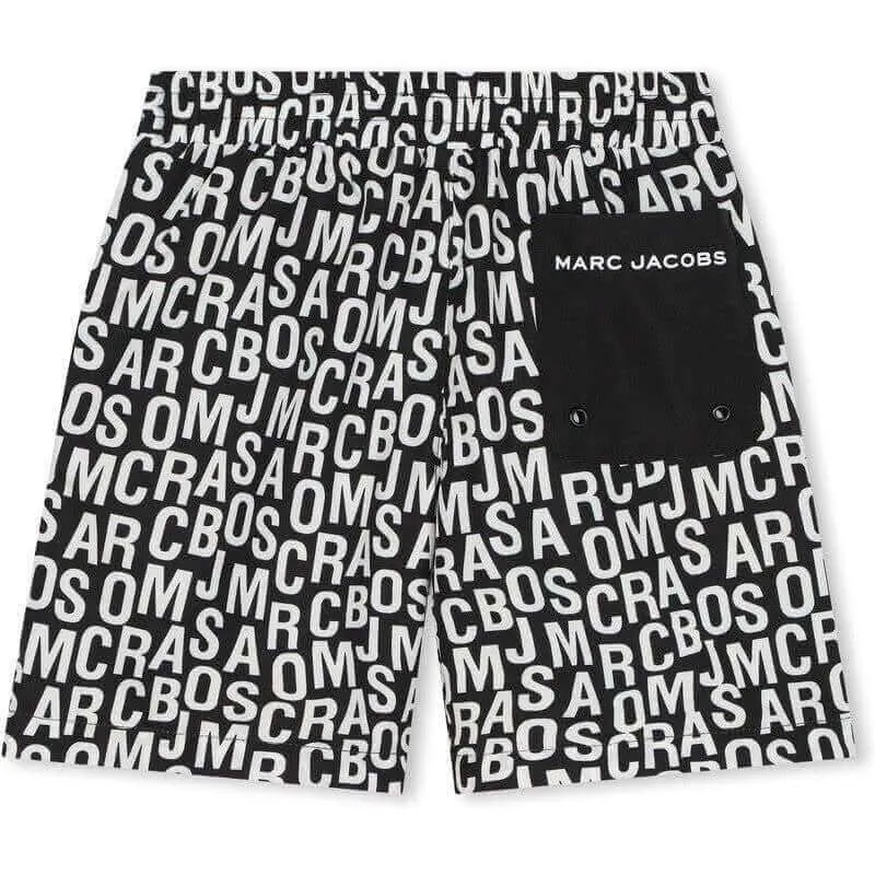 Boys Black & White Jumbled Logo Swimming Shorts