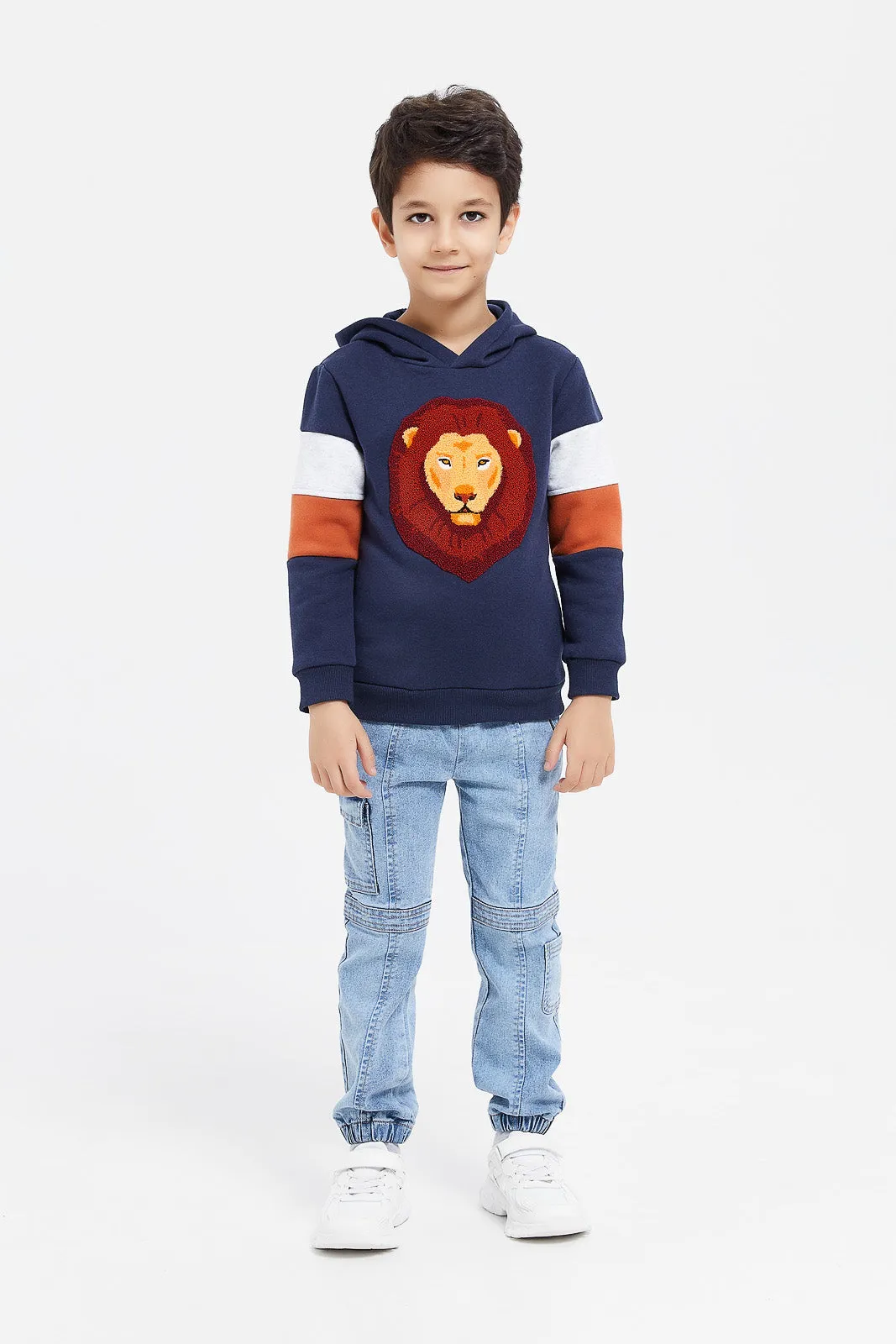 Boys Navy Lion Embroidery Hooded Sweatshirt