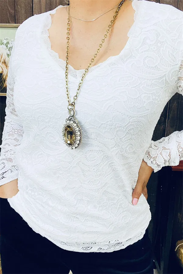 BQ15441 White lace w/lining deep v-neck long sleeve women tops