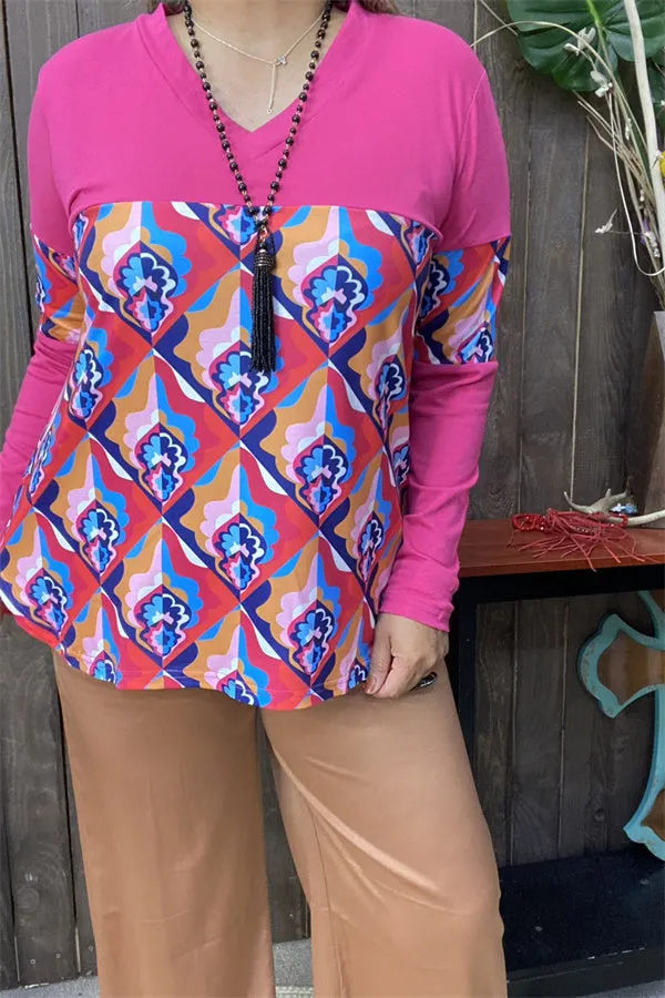 BQ15582 Floral multi color printed & fuchsia long sleeve women tops