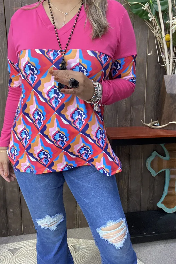 BQ15582 Floral multi color printed & fuchsia long sleeve women tops