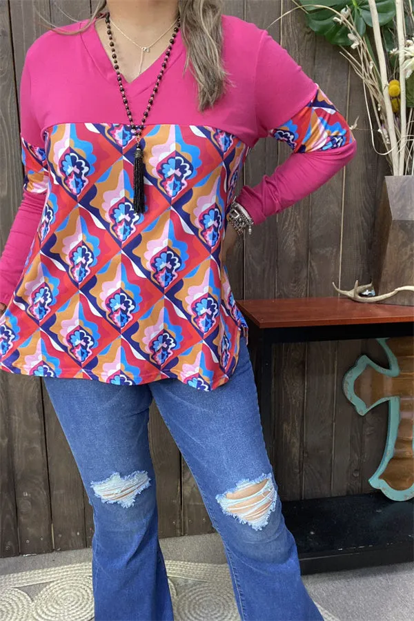 BQ15582 Floral multi color printed & fuchsia long sleeve women tops