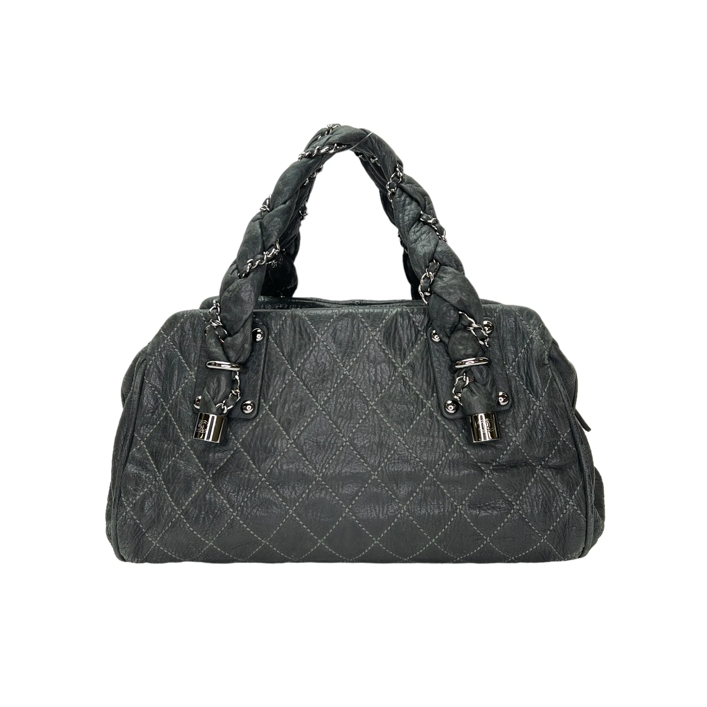 Braid Bowler Grey Top Handle Bag in Distressed Leather, Ruthenium hardware