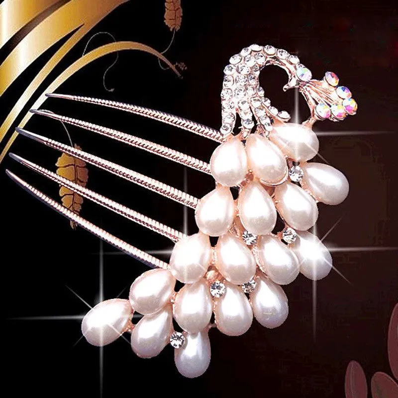 Bride Hairpin Peacock Pearl Flowers Crystal Rhinestone Flower hairpin