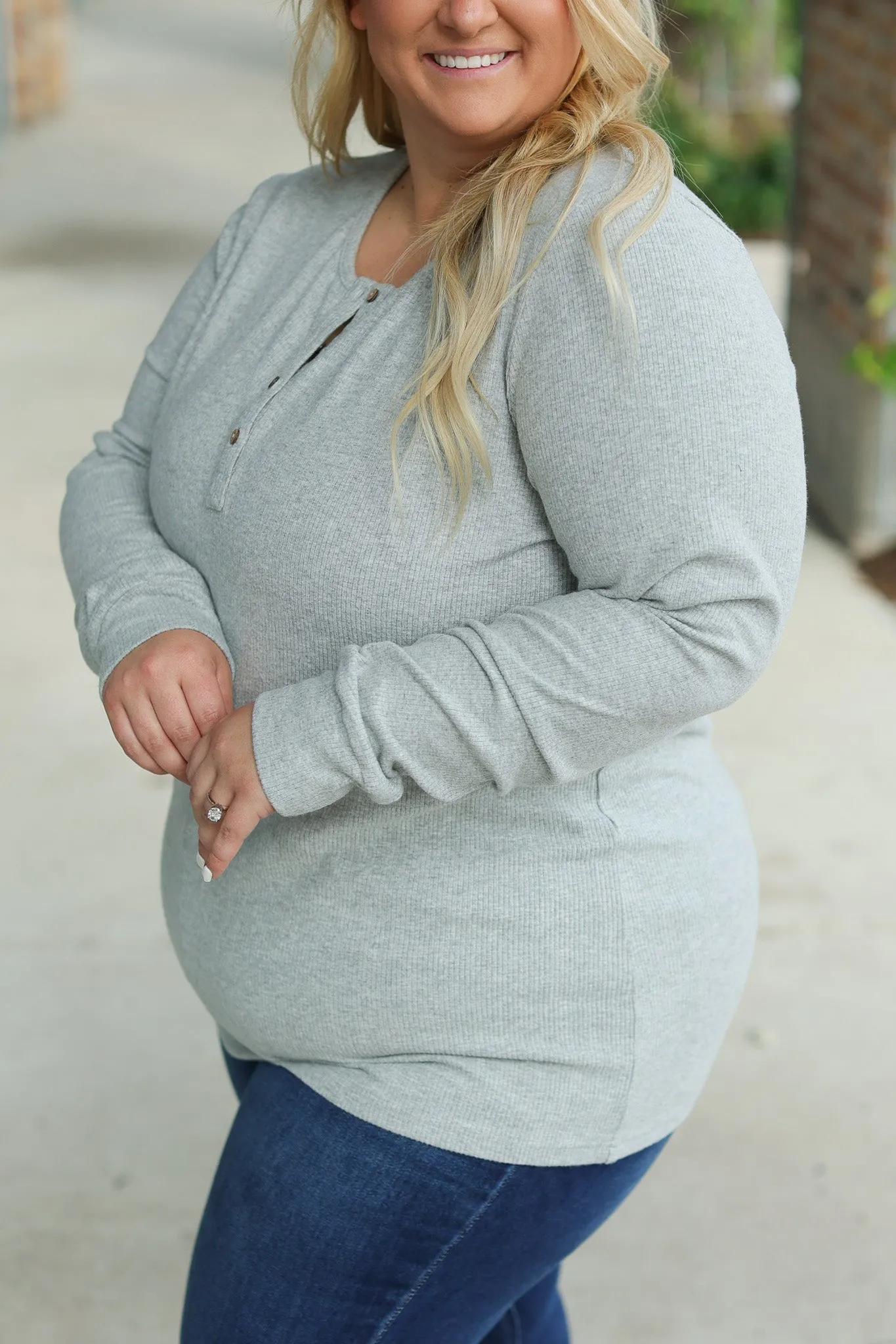 Brielle Henley Ribbed Long Sleeve - Light Grey