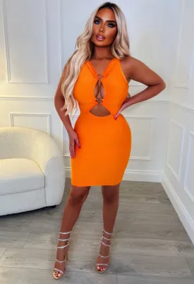 Bright Babe Orange Premium Cut Out Plunge Stretch Bandage Dress