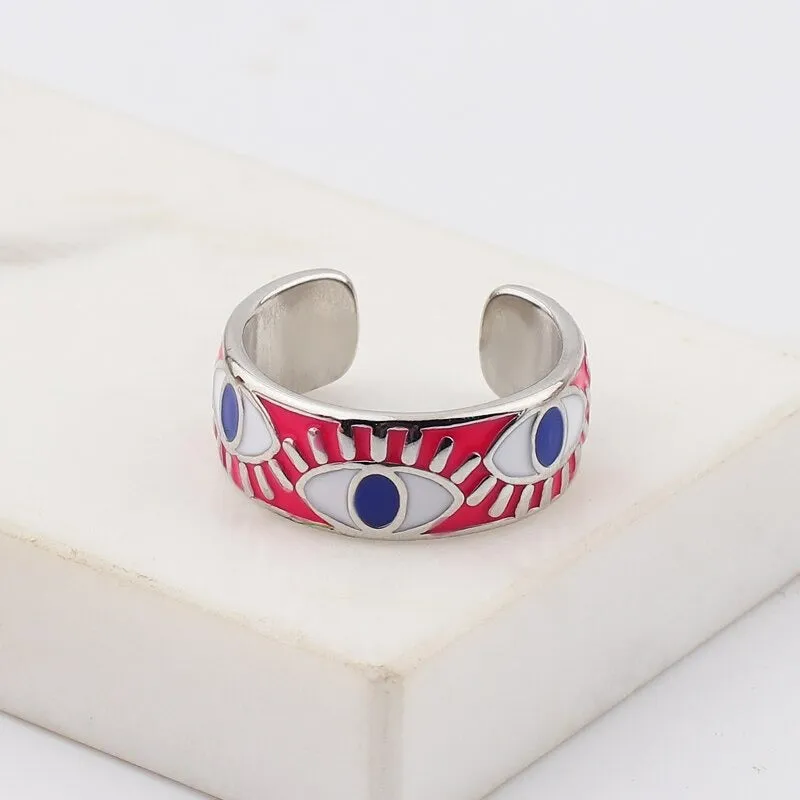 Bright-Colored Engraved Lucky Eyes Enamel Rings