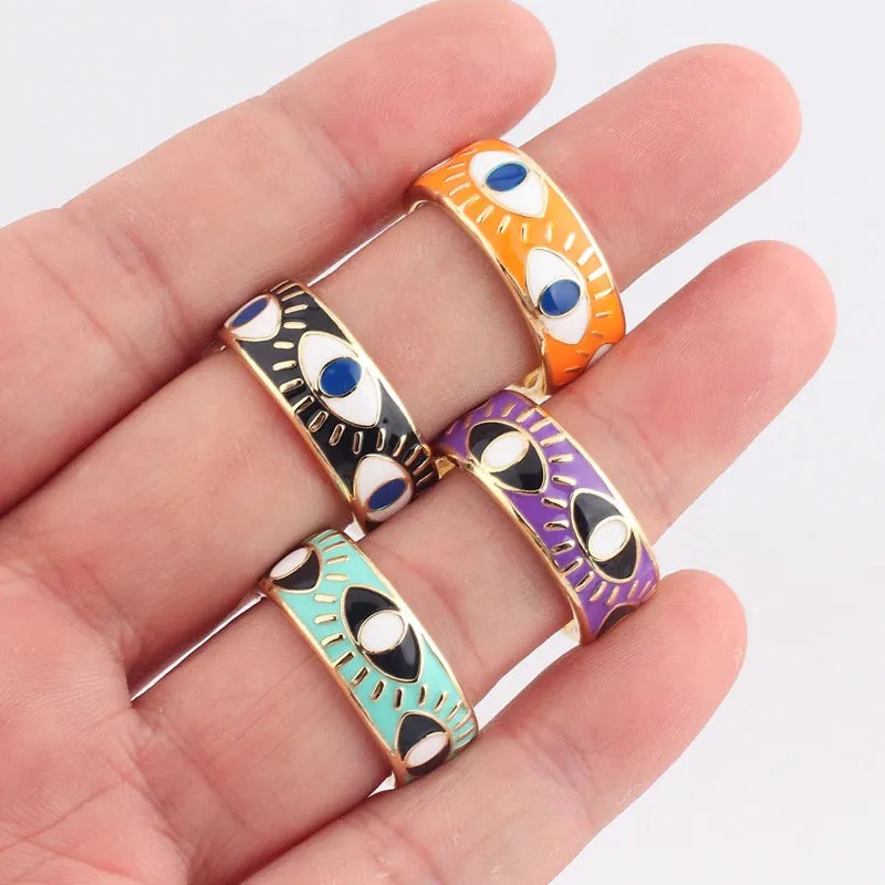 Bright-Colored Engraved Lucky Eyes Enamel Rings