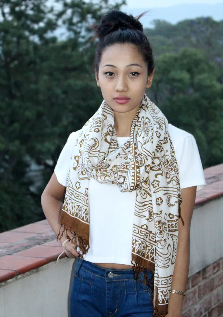 Brown and White Mixed Batik Fabric Cotton Shawl