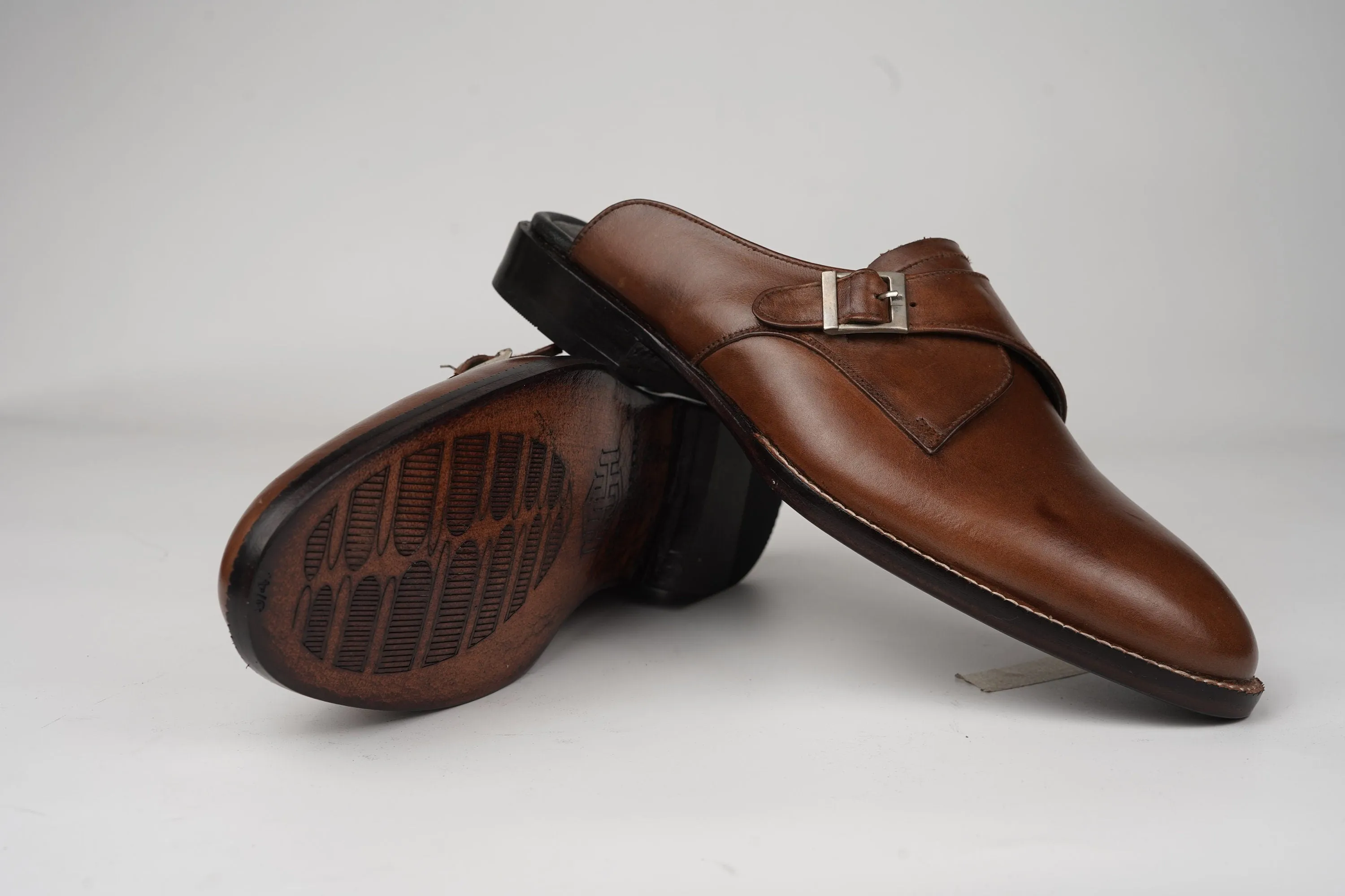 Brown backless Single Buckle loafer Slip On Mule Custom Made-To-Order Shoes Premium Quality Handmade using Full Grain Oily Pull up Leather