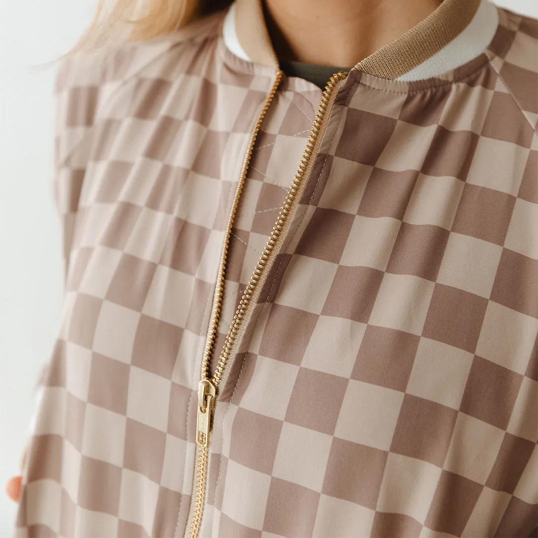 Brown Checkers Bomber Jacket