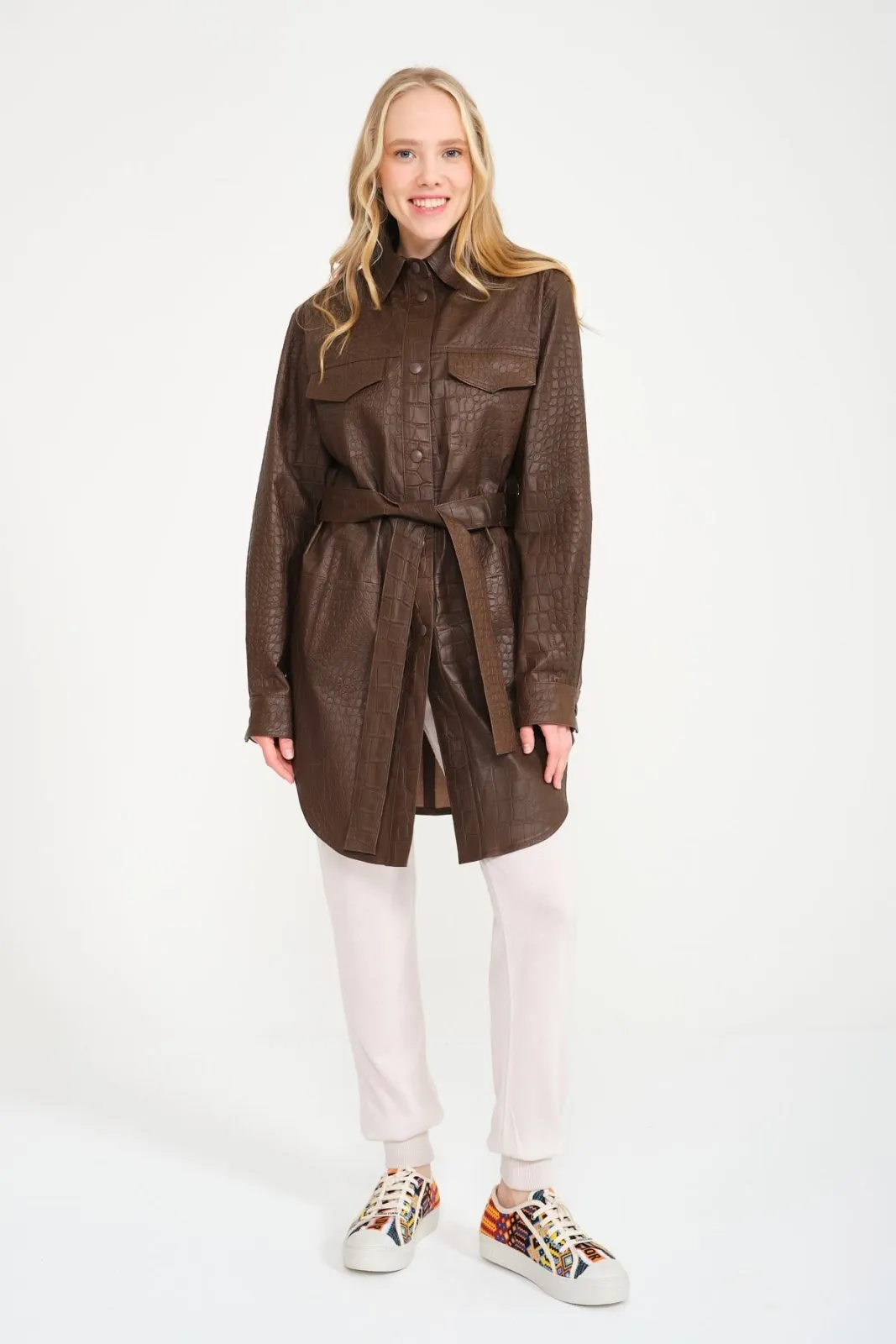 Brown Crocodile Pattern Leather Coat