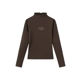 Brown Heart Embroidered Ribbed Turtleneck