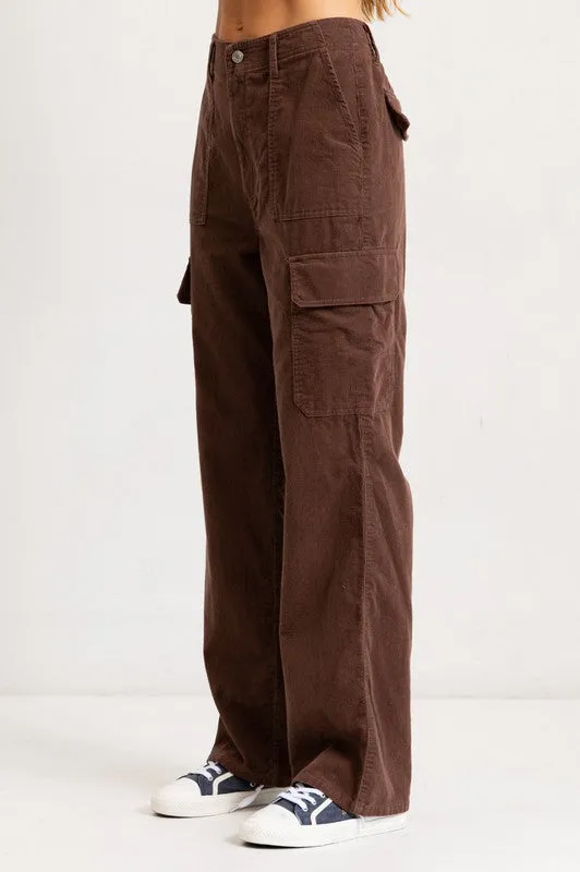 Brown High Rise Straight Fit Corduroy Cargo Pants